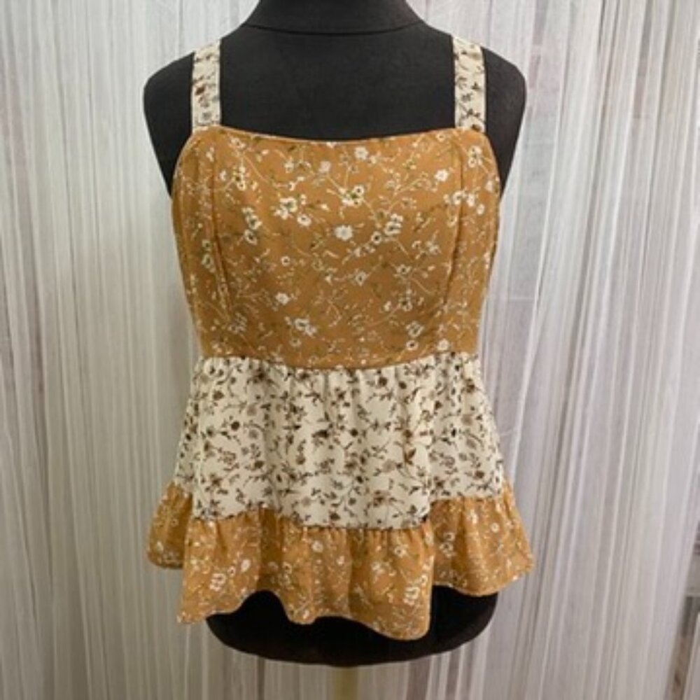 Paper Crane Tiered Yellow Floral Boho Cottagecore Chiffon Tank Size Medium